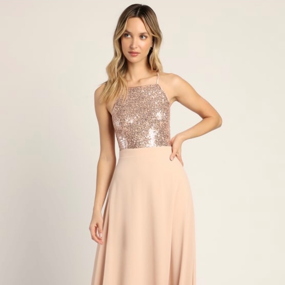 New With Tags Lulu's Endlessly Enchanted Champagne Pink Sequin Maxi Dress